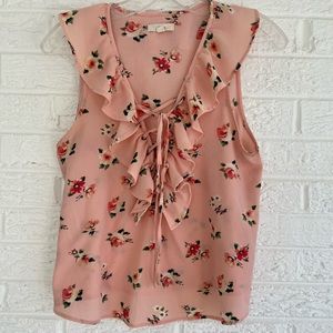3. pink on pink, floral ruffle sleeveless blouse